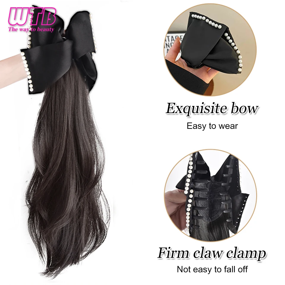 Peluca de cola de caballo con nudo de lazo sintético WTB, tipo Clip, cola de caballo alta, peluca de lazo bajo con perlas Retro para mujer, trenza de cola de caballo