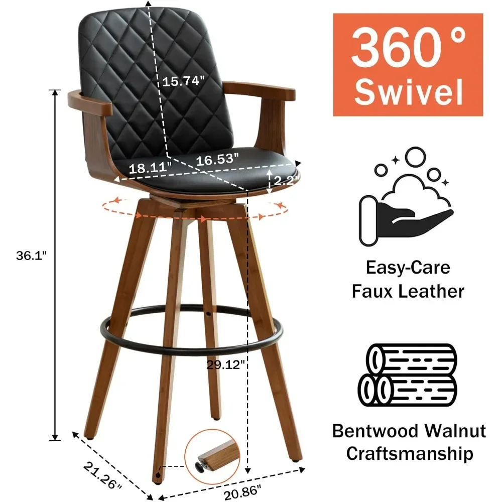 Set of 2 Bar Height Stools – 30" Swivel with Curved Back & Arms, Walnut Frame, Upholstered Seat for Kitchen or Bar Use