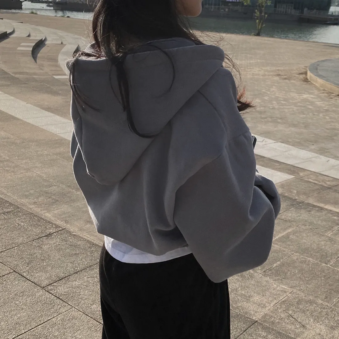 Sudadera con capucha informal para mujer, sudaderas con cremallera Y2K, camisa de manga larga Harajuku lisa, Tops cortos de gran tamaño, chaquetas sueltas para mujer, abrigo
