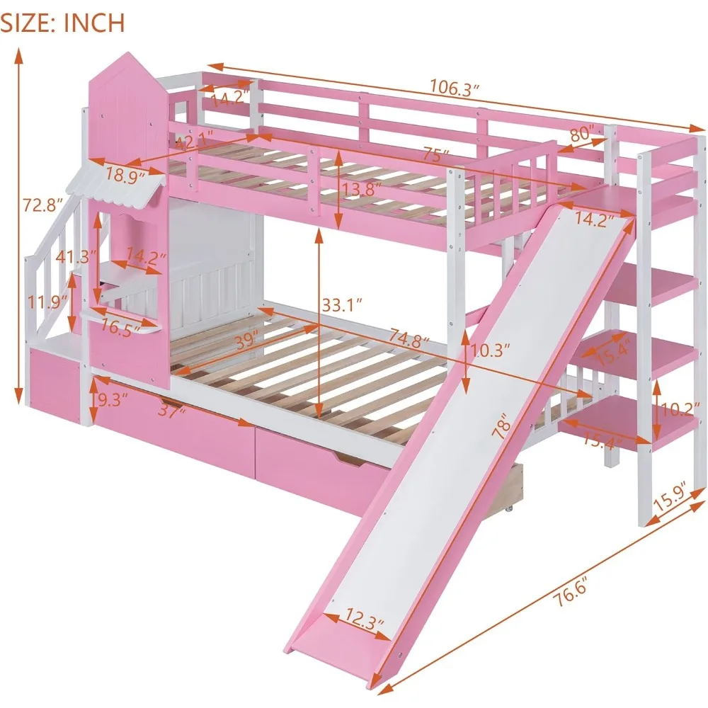 Twin Over Twin Bunk Bed with Storage and Drawers for Kids Boys Girls Solid Wood Bunk Bed with Slide and Staircase