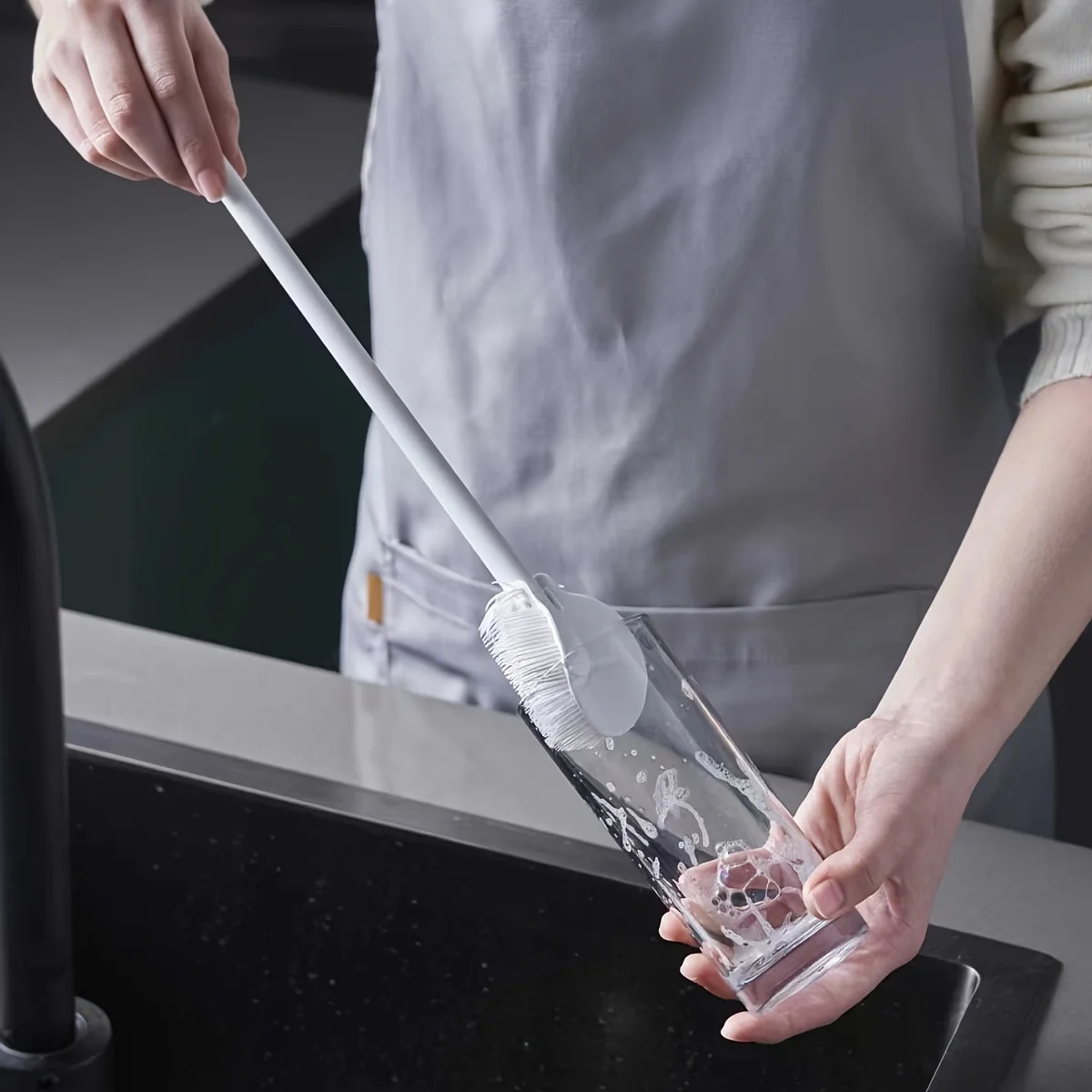 Cepillo de silicona de limpieza integral plegable de 360 grados con diseño de mango largo, reutilizable para botellas y tazas