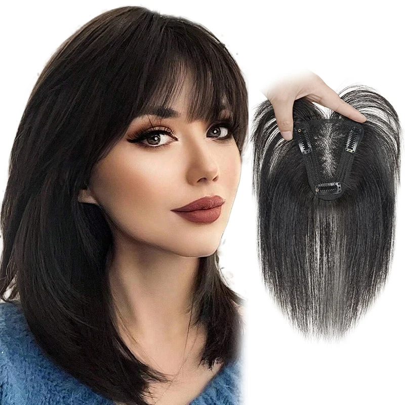 25cm 100% ludzki włos 9*10cm siatka na włosy czarny ciemnobrązowy klips do włosów Topper rozszerzenie z grzywką górna peruka