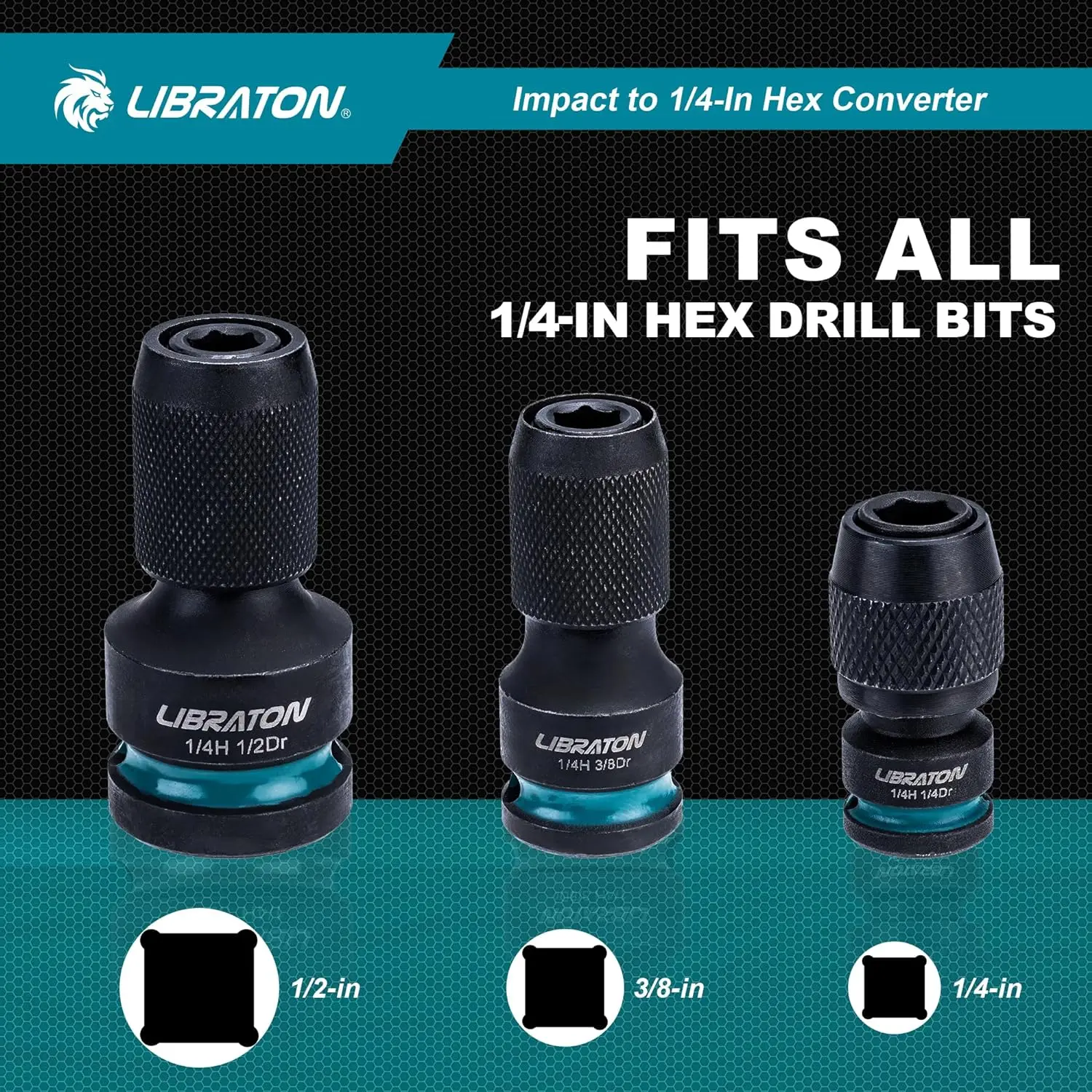 LIBRATON Impact to 1/4 Hex Converter 1/2 3/8 1/4“ Drive Female to 1/4" Hex Adapter Impact Wrench Adapters for Impact Bit Holders