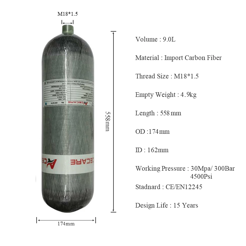 ACECARE 9L CE HPA cilindro de fibra de carbono 300Bar 4500Psi 30Mpa con botas de protección de goma Scba tanque de aire de buceo M18 * 1,5