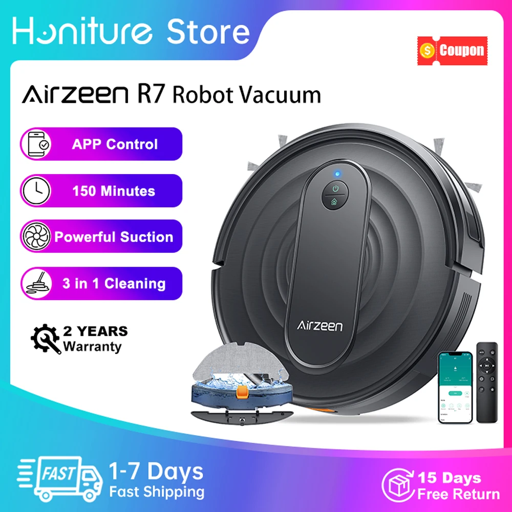 Honiture Airzeen Robot-Staubsauger und Wischmopp, 3000Pa Saugkraft, Steuerung per App/Alexa, Geplante Reinigung, Selbstaufladend, Ideal für Tierhaare/Haar/Staub