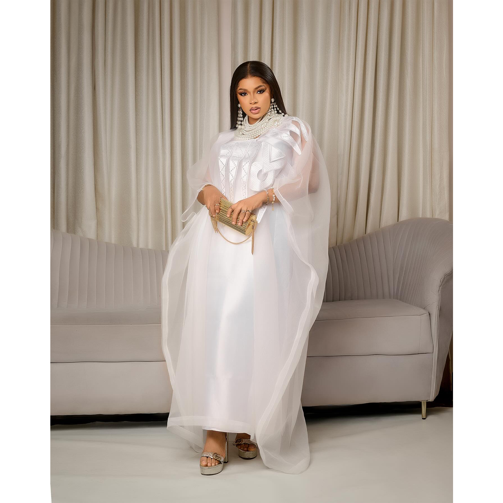 Afrikanische Kleidung für Frauen, weiße Abaya-Stickerei, Übergröße, elegantes Party-Kirchenkleid