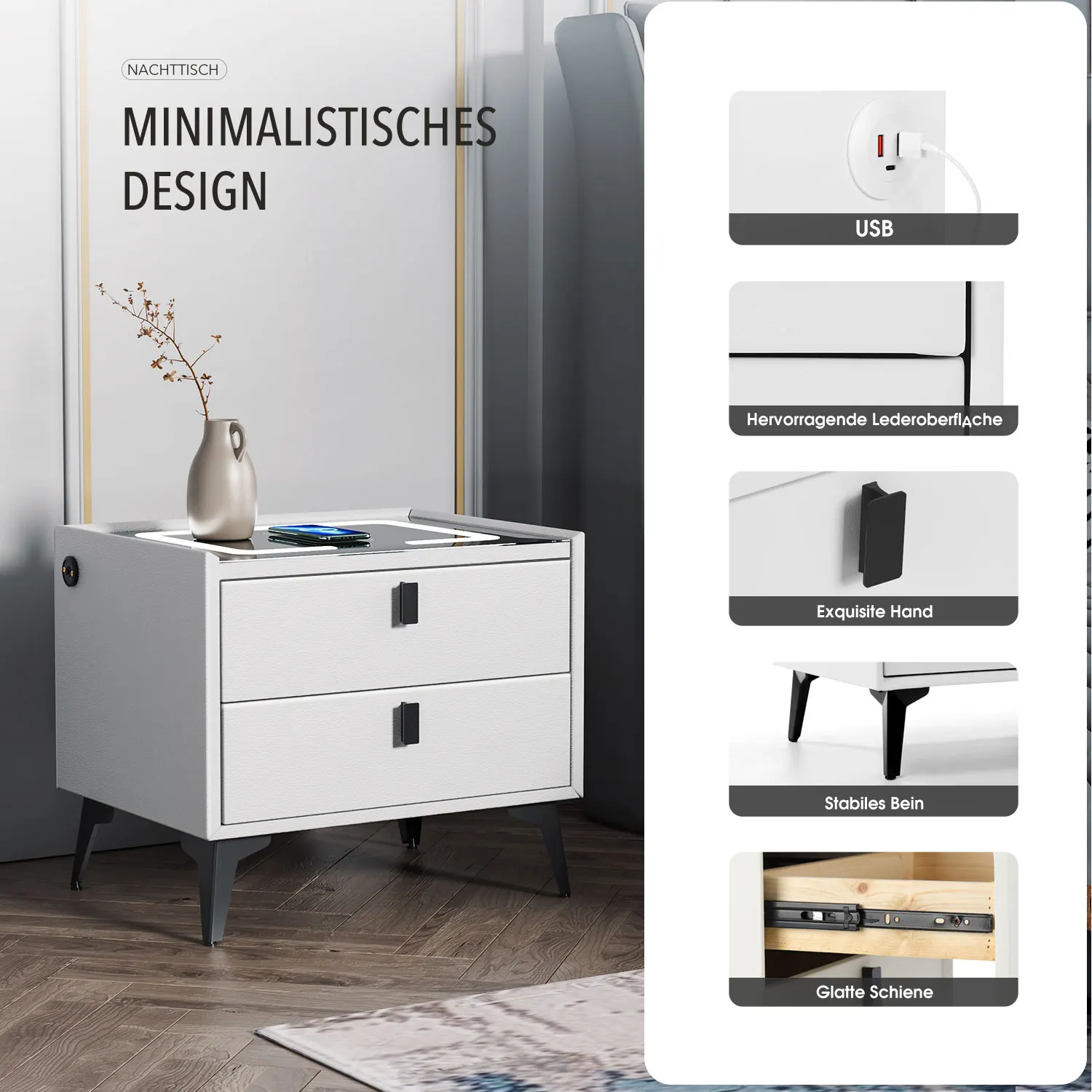 Comodino intelligente Oyajia con ricarica wireless, comodino con luce LED, comodino a 2 cassetti, comodino a LED per soggiorno