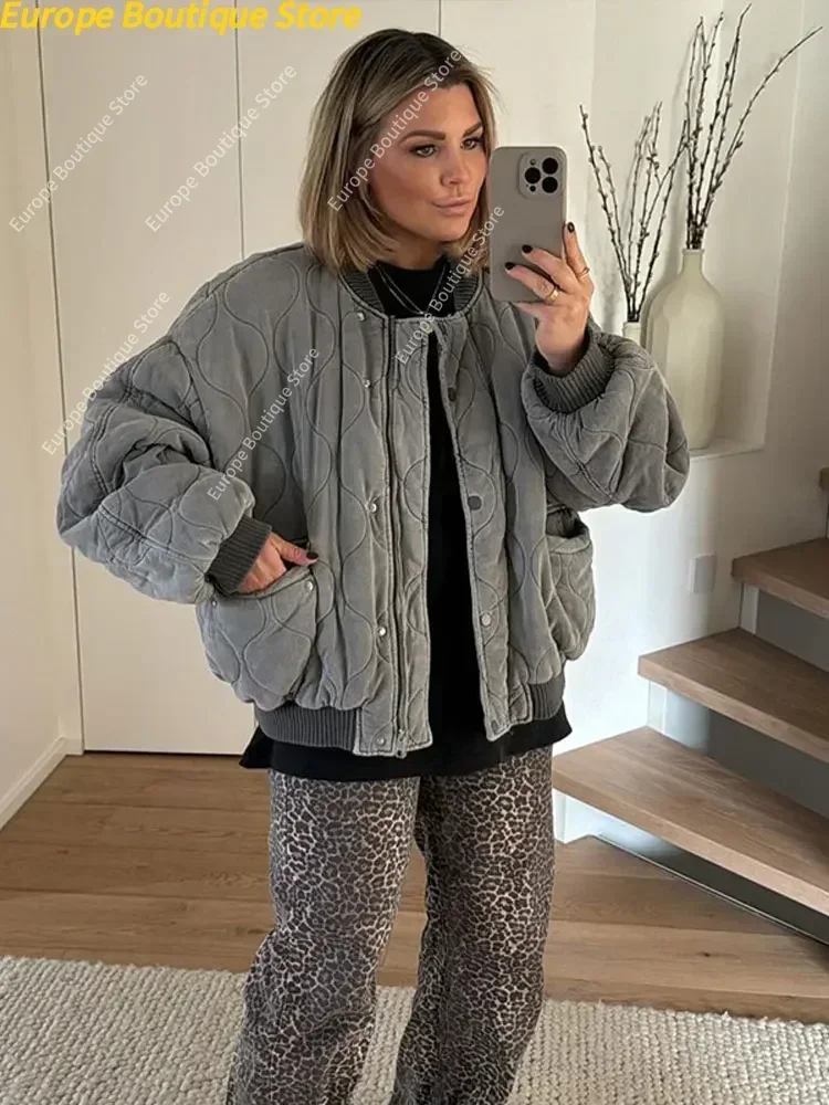 Gesteppte einreihige graue Damen-Baumwolljacke, lässige Tasche, Stehkragen, langärmelige Mäntel, Herbst-Winter-Pendler-Oberbekleidung