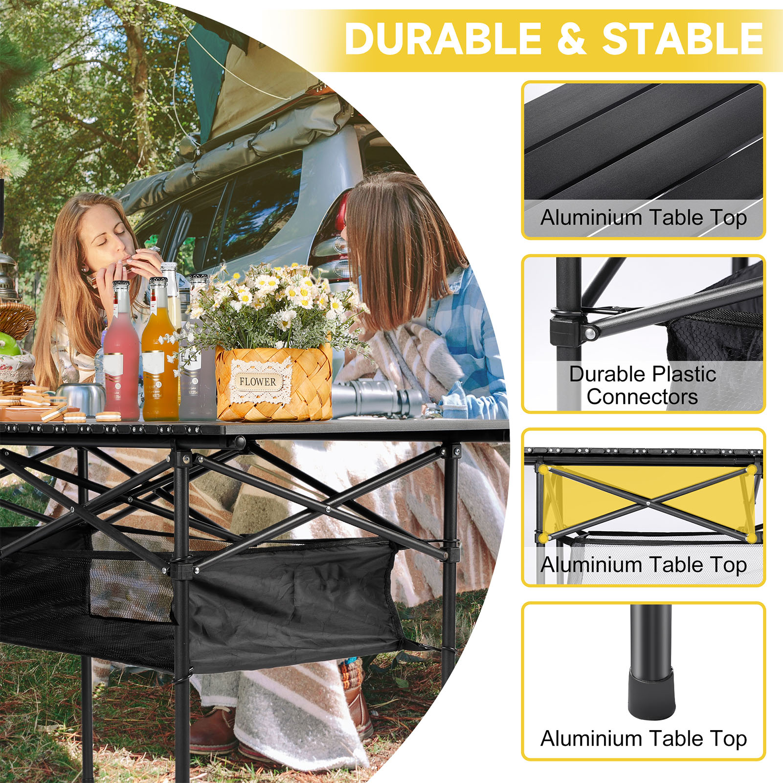 Table longue pliante d'extérieur, rangement Portable, bureau de Camping noir, Table de Barbecue, pique-nique, pêche, facile à installer avec sac en filet