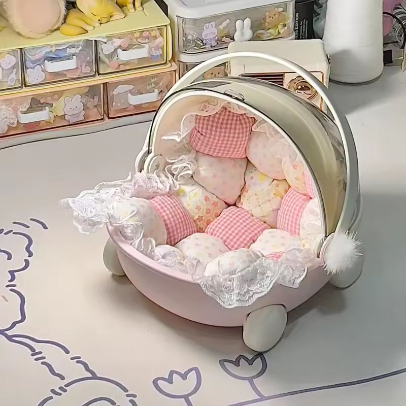 Em estoque labubu caixa de armazenamento de carrinho de bebê boneca decoração labubu módulo de espaço boneca berço de sono carrinho bonecas cama acessórios de móveis