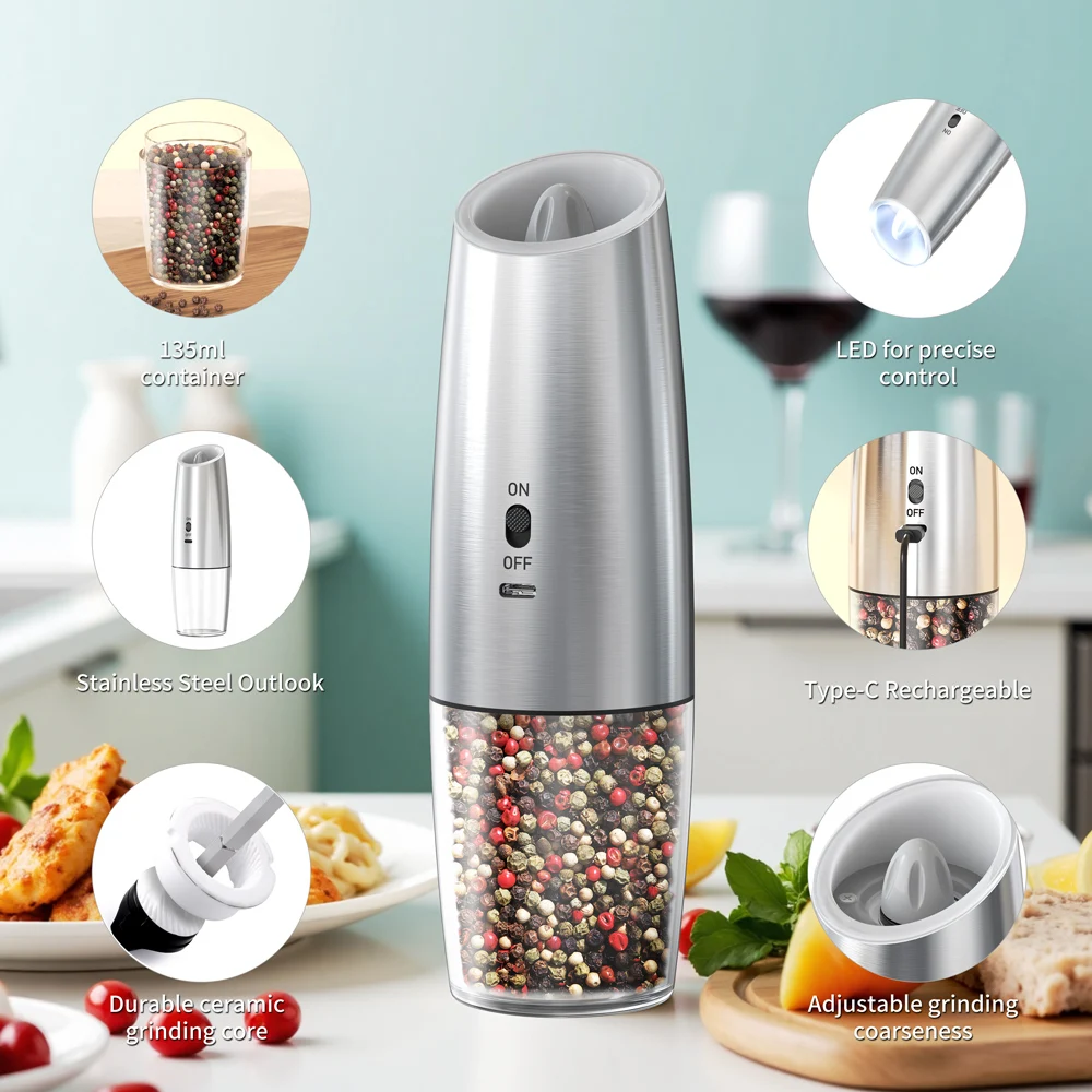 Molinillo de sal y pimienta eléctrico con sensor de gravedad, molinos de especias ajustables con luz LED para cocina, dispositivo inalámbrico automático