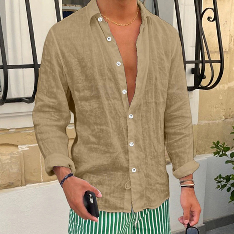 Spring New Casual Linen Shirts Mens Long Sleeve Button-up Turn-down Collar Shirt Seaside Beach Vintage Men Solid Color Cardigans