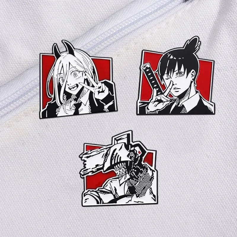 Anime Japoński Koreański Komiks Broszka Czarno-biała Piła Łańcuchowa Potwór Metalowa Odznaka Modne i Wszechstronne Akcesoria Broszka