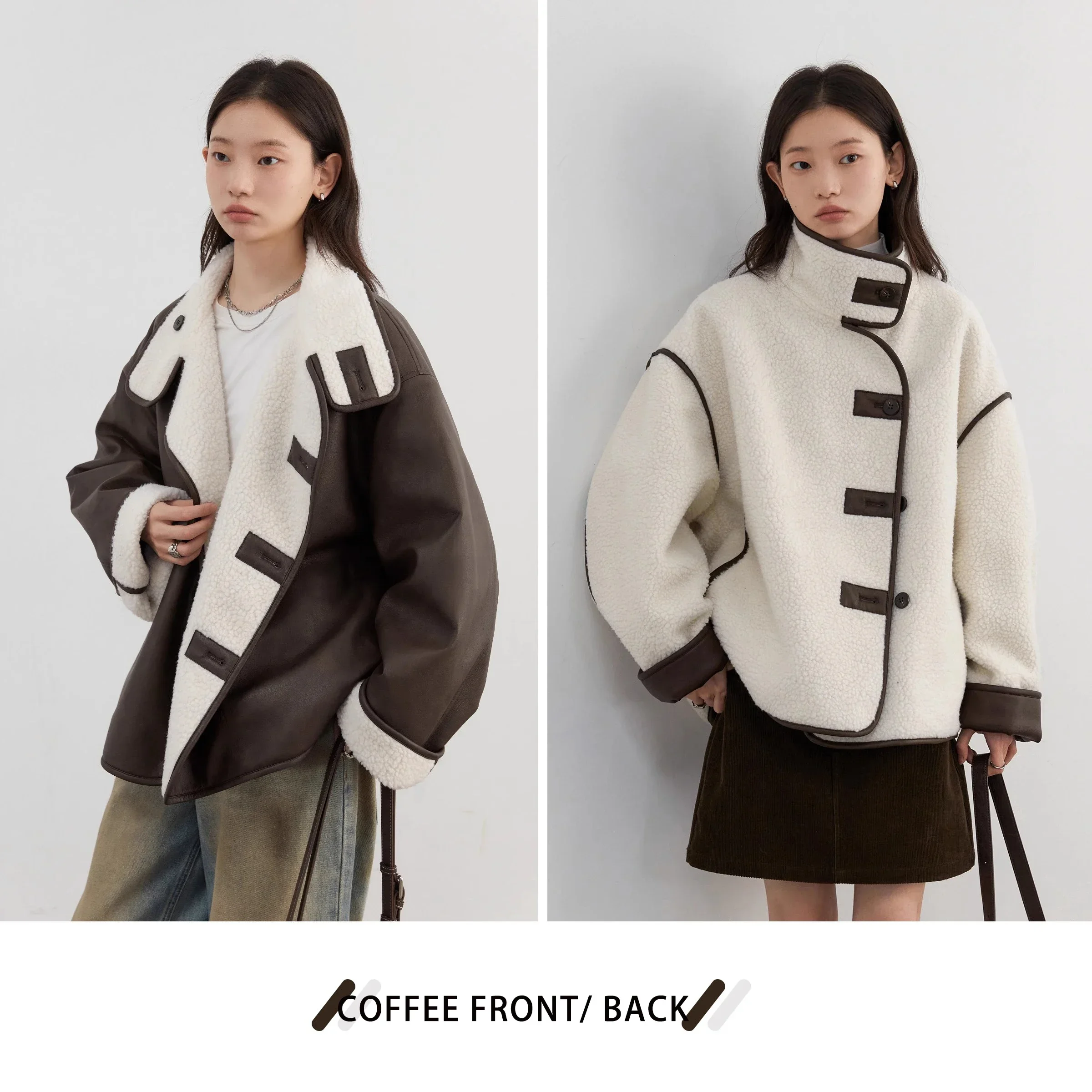 CHIC VEN Frauen Jacken Lose Beiläufige Reversible Nachahmung Lamm Weiblichen Mantel Kontrast Farbe Patchwork Mantel Herbst Winter 2024