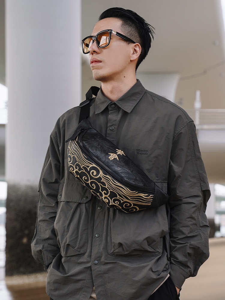 ChuSanChao ブランドメンズクロスボディバッグ刺繍ユニークなデザインレトロナショナルトレンドウエストバッグカップルスタイルカジュアル団子形状