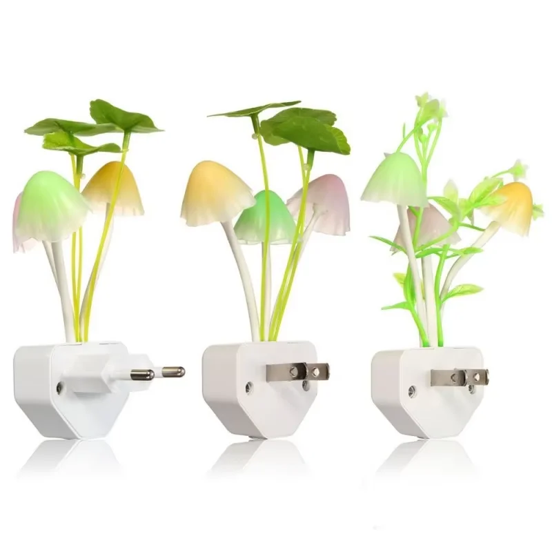 Lámpara LED nocturna con forma de seta creativa con enchufe de EE. UU./UE, lámpara de pared rosa/Tricolor con hierba/hoja, lámpara de dormitorio ahorradora de energía de 110V/220V