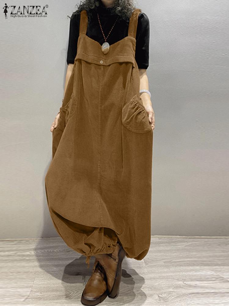 ZANZEA Frauen Cord Strampler Herbst Vintage Overalls Overalls Mode Lose Breite Bein Hosen Casual Drop-Gabelung Lange Hosen