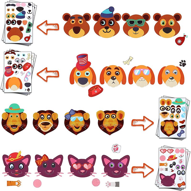 12 개 시트 어린이 DIY 퍼즐 스티커 게임 12 동물 얼굴 재미있는 조립 직소 스티커 아이 교육 장난감 소년 선물