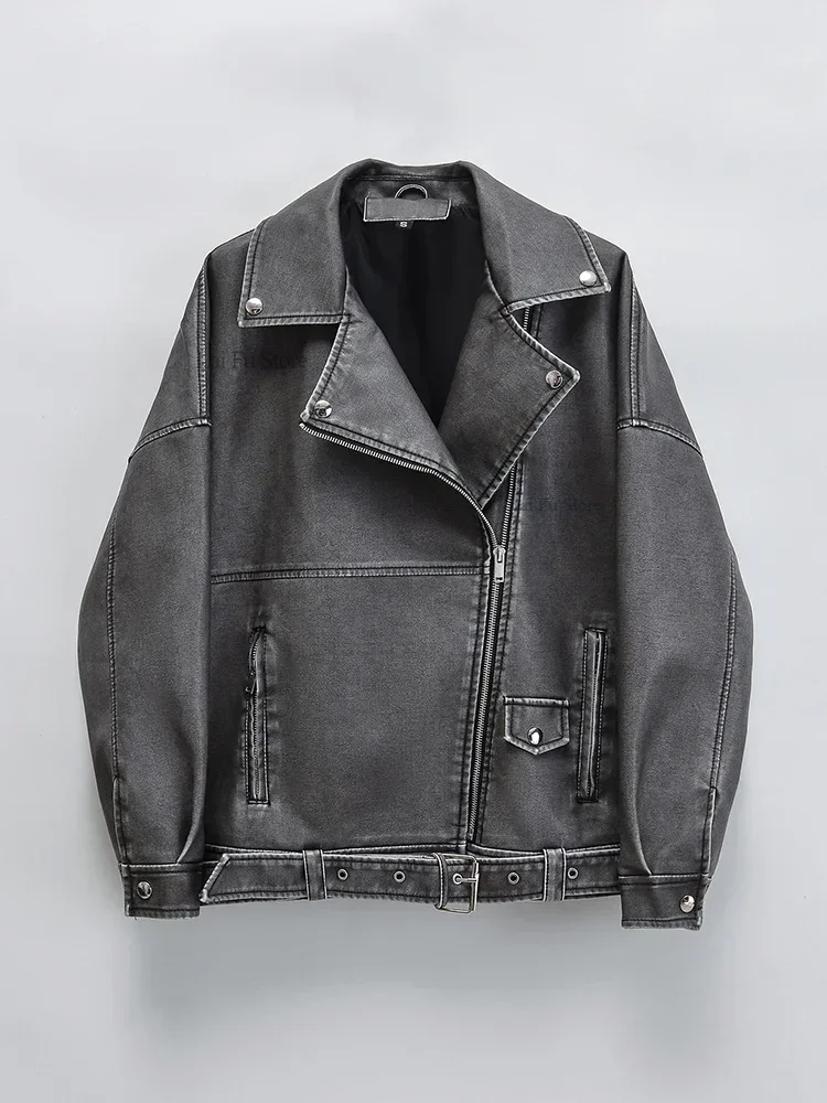 Frühling Herbst Frauen lose Vintage Pu Kunstleder Jacke Vintage Damen Reiß verschluss Gürtel Motorrad Mantel schicken Mantel