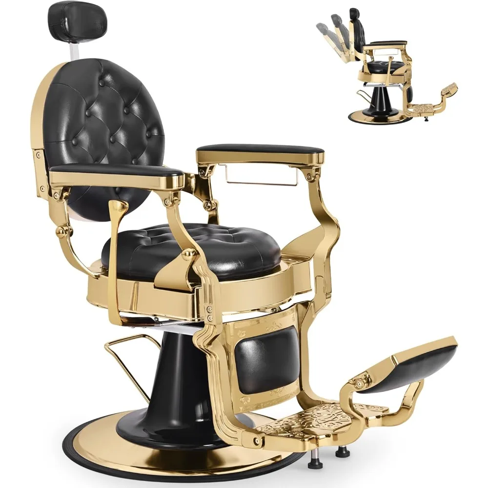 Barber Chair Reclining for Barbershop, Black Gold Heavy Duty Salon Chair for Hair Stylist, 360° Swivel Vintage Multipurpose