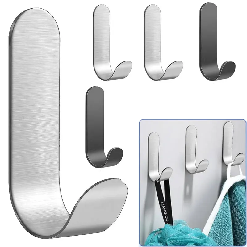 2/10Pcs Adhesive Hooks Metal Stainless Steel Wall Hooks Utility J Hook Key Holder Self Adhesive Wall Hook for Shower Kitchen
