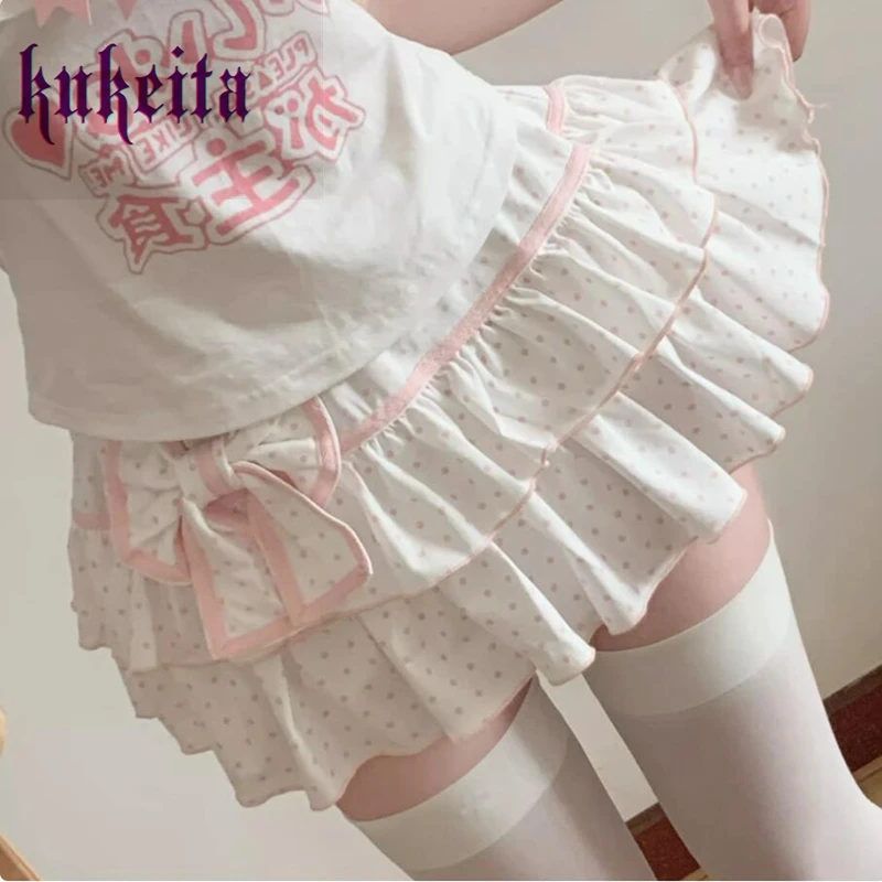 Minifalda estilo Harajuku Y2k Lolita para mujer, agradable arco, doble capa, lunares, volantes, pastel, faldas plisadas japonesas Kawaii