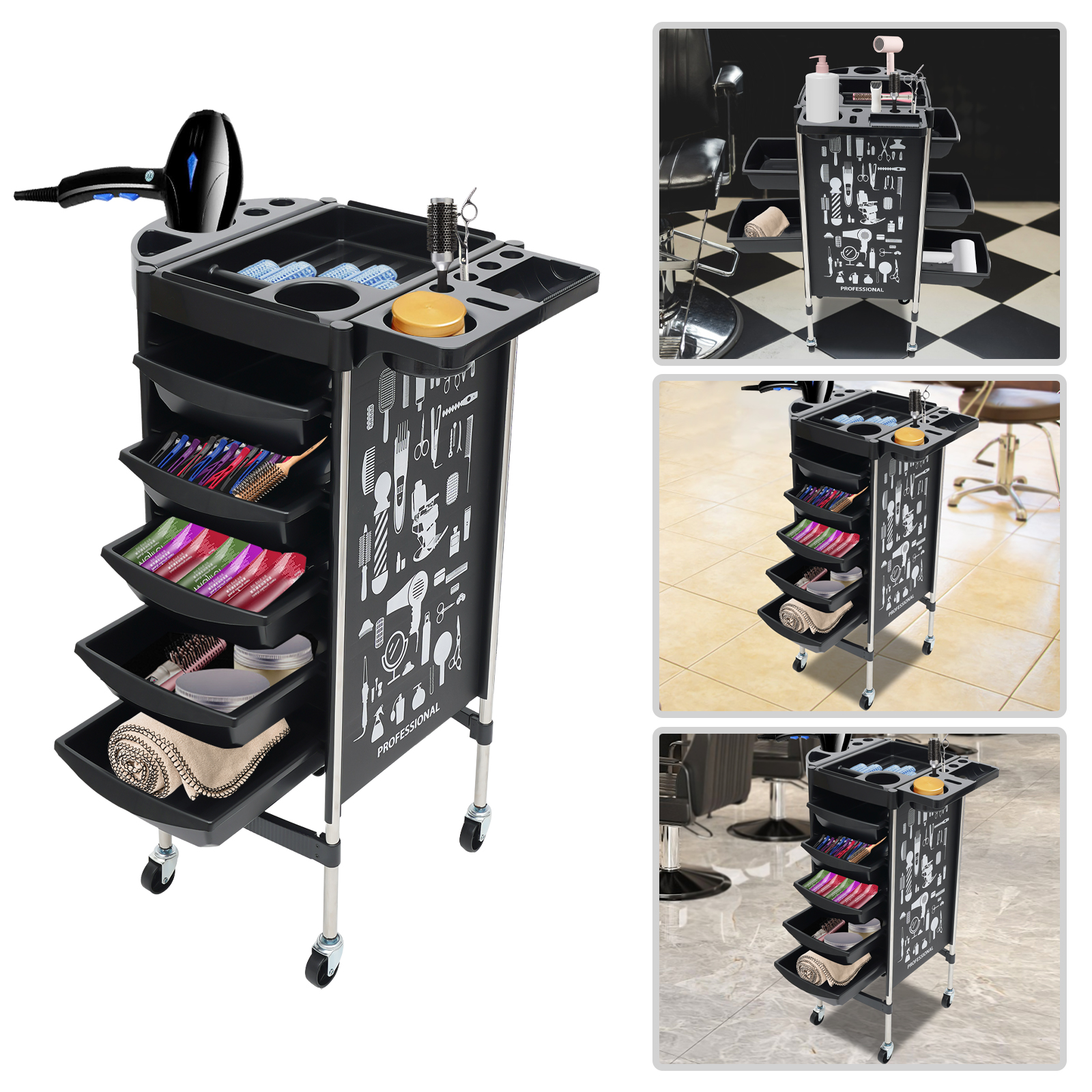 Kappers Schoonheidssalonwagen met 5 laden Trolley met grote capaciteit Multifunctionele platformwielen Flexibele beweging