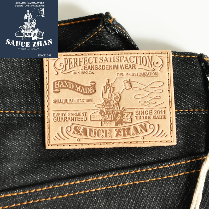 SauceZhan 315XX Pantalones vaqueros de mezclilla con orillo de ajuste cónico para hombres Vaqueros de mezclilla Vaqueros AZUL sin lavado Vaqueros de motocicleta de 14,5 Oz