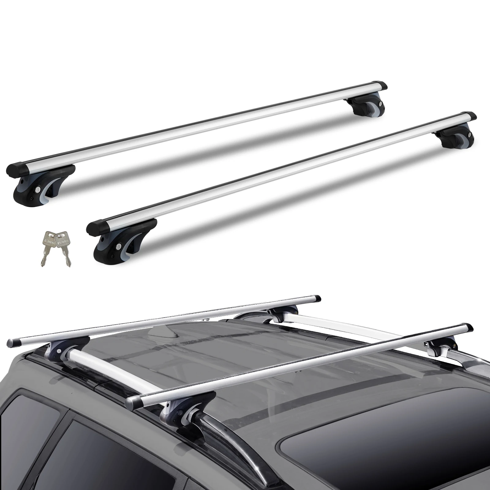 SucceBuy Uniwersalny bagażnik dachowy Poprzeczki Aluminiowy bagażnik dachowy Poprzeczka Fit Podniesiona szyna boczna 90KG Nośność Regulowane poprzeczki