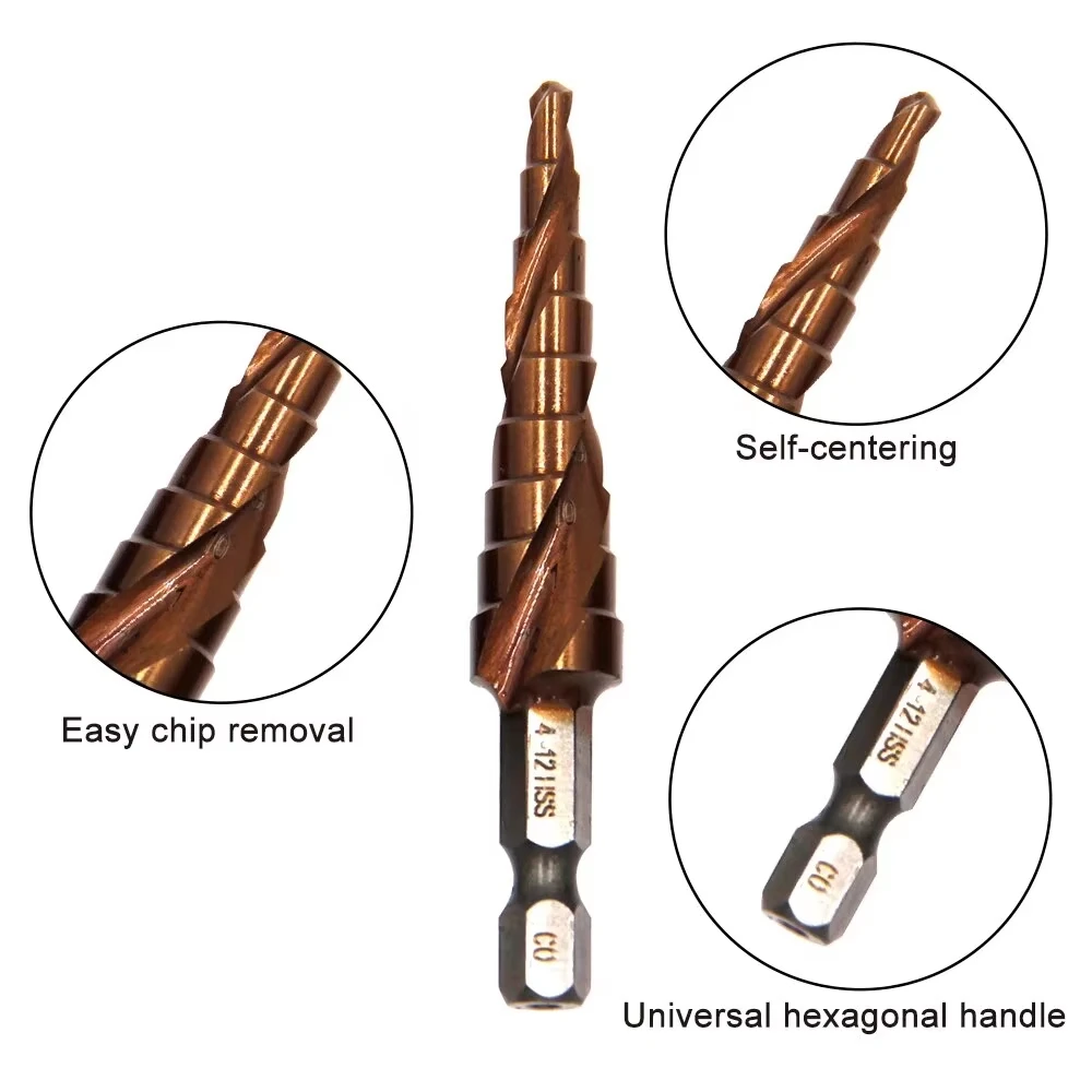 M35 Cobalt Containing Hexagonal Spiral Step Drill Stainless Steel Tapping 3-12/4-12mm Pagoda Drill Cutting Tool Drill Bit Tool