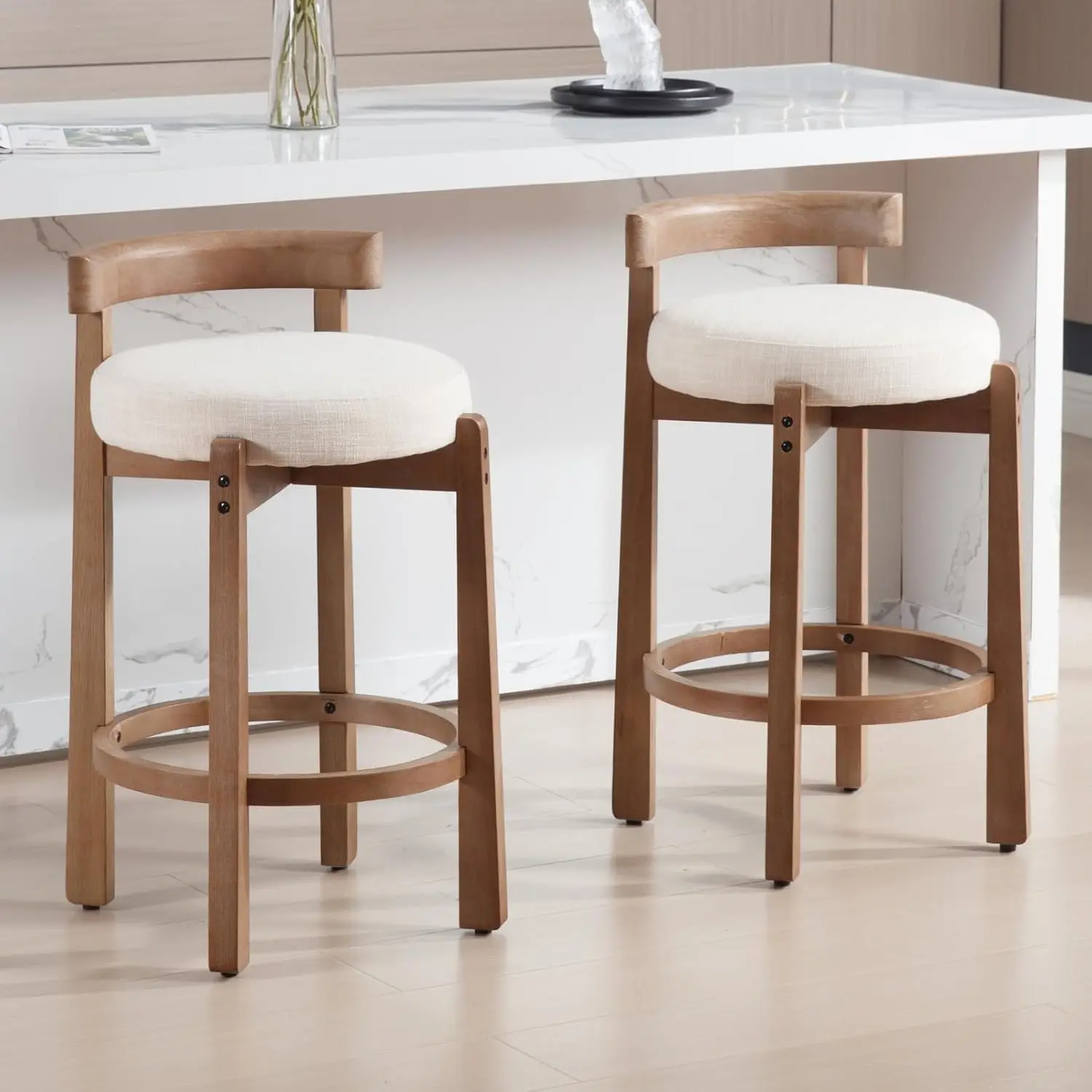 Century Modern Bar Stools Set of 2, 26.5" Counter Stools with Back, Linen Upholstered Barstools with Solid Wood Legs Bar Chairs