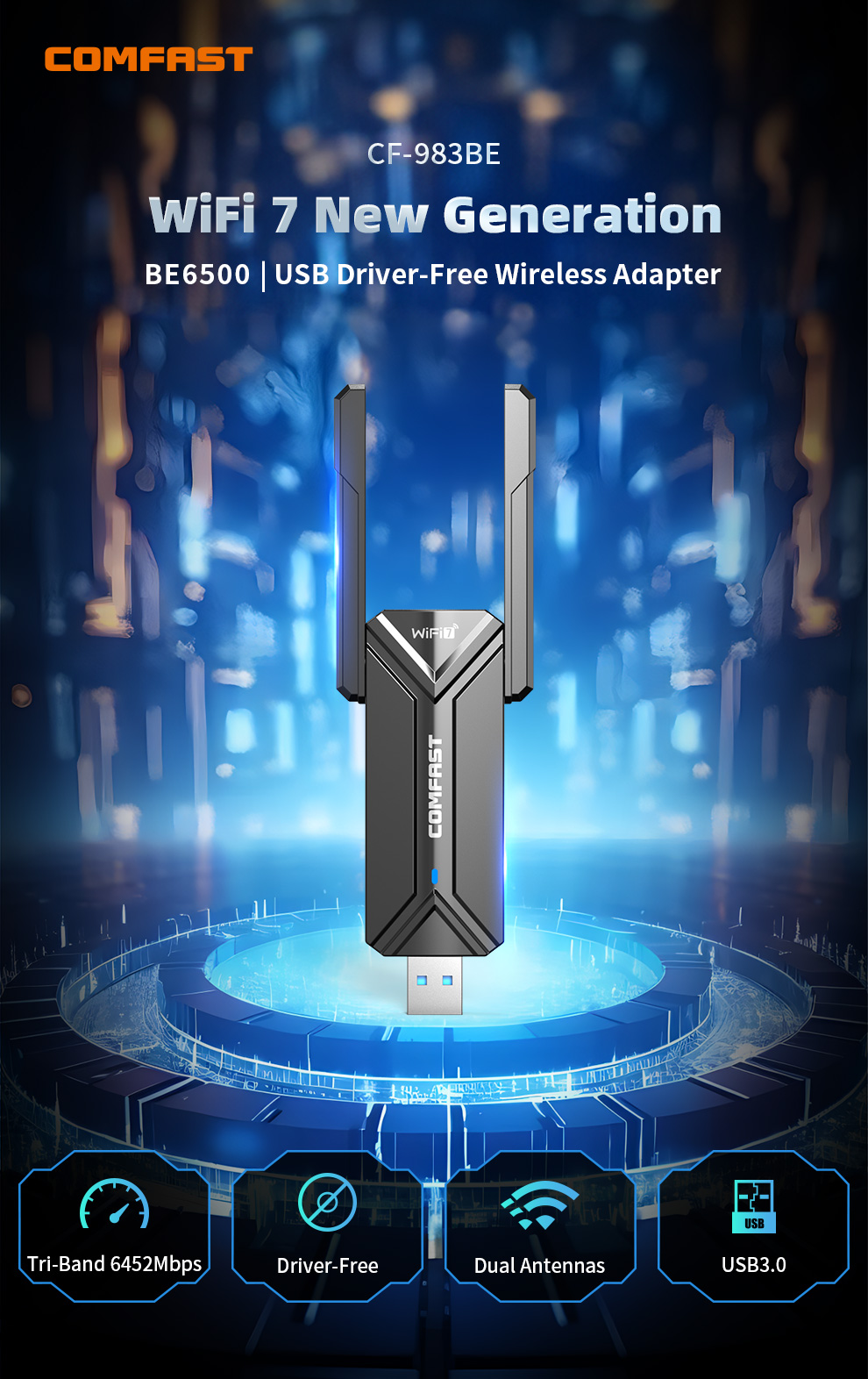 Adaptador USB COMFAST WiFi 7 BE6500 2,4G, 5,8G y 6GHz, tarjeta de red inalámbrica 802.11be 6500Mbps, adaptador WiFi7 de unidad libre para Win10/11