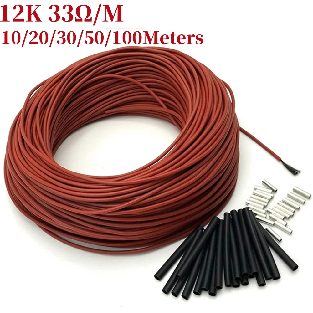 Cabo de aquecimento quente de piso, 10 a 100 metros, 12k, 33 ohm/m, filme infravermelho de aquecimento de piso, 220v, bobina de fios de aquecimento de fibra de carbono