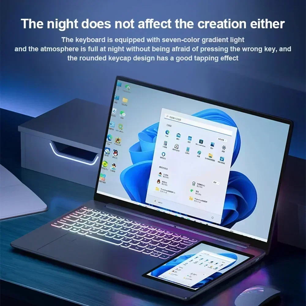 CRELANDER 듀얼 스크린 노트북, 인텔 알더 레이크 N100, 16GB DDR4 RGB 백라이트 키보드, 컴퓨터 노트북 터치스크린, 15.6 인치 + 7 인치