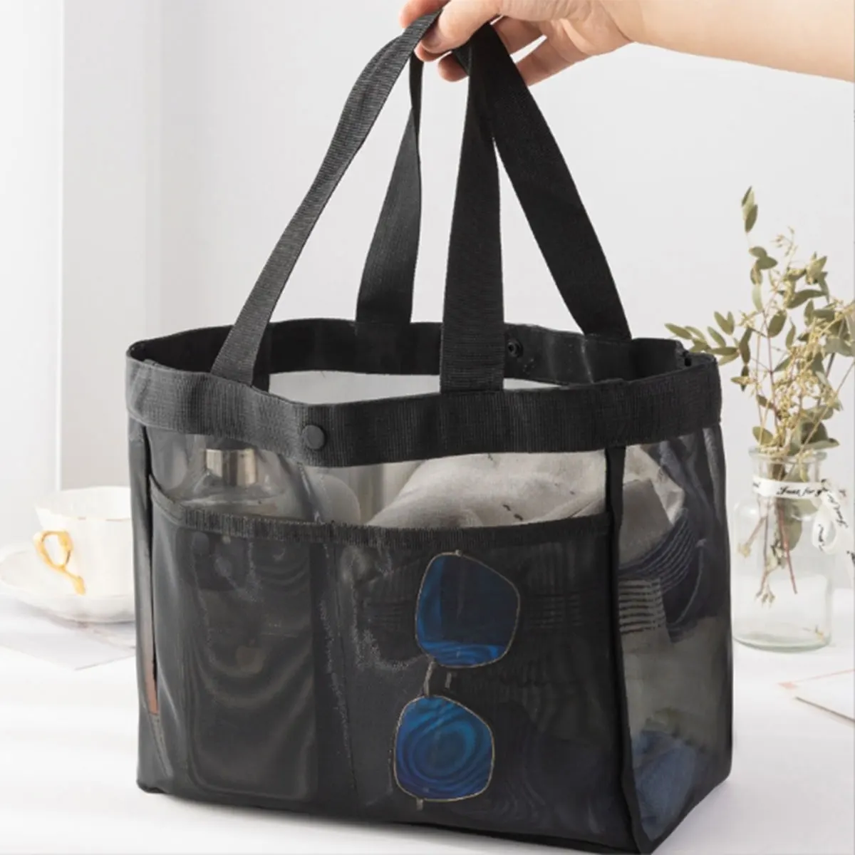Bolsa de gaze de cor sólida, bolsa de armazenamento transparente, bolsa de ombro, praia, grande capacidade, shopping, rede transparente, sacola de compras, um pa