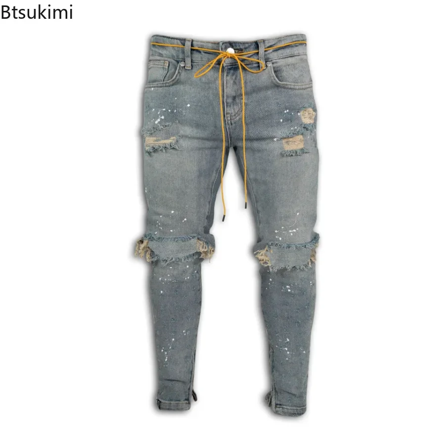 Nowość 2025 Ripped Hole Jeans dla mężczyzn Hip Hop Cargo Pant Distressed Denim Jeans Skinny Men Clothing Full Length Slim Trousers Male