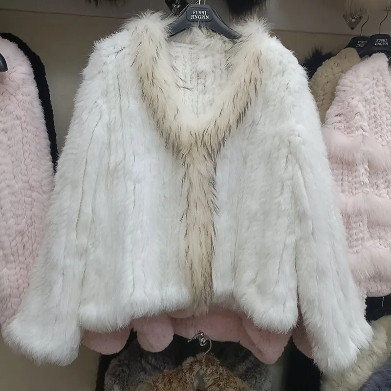 2023 frauen Gestrickte Echt Kaninchen Pelzmantel Mit Waschbären Pelz Kragen Winter Langarm Fashion Echtes Pelz Jacke Outwear Femme