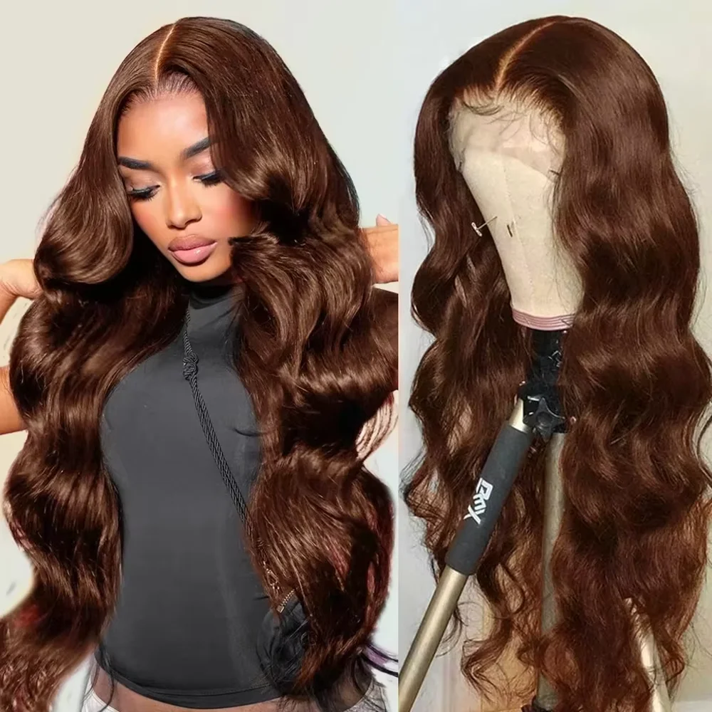 13x6 chocolate marrom hd frente do laço perucas de cabelo humano onda do corpo peruca de cabelo humano 46 Polegada 200 densidade colorido perucas de cabelo humano para mulher