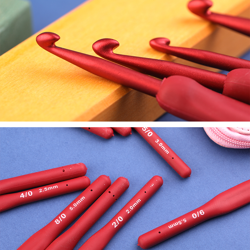 Fenrry 9PCS Gancho de ganchillo rojo Mango ergonómico para manos artríticas Agujas de tejer extralargas para principiantes y hilo de ganchillo