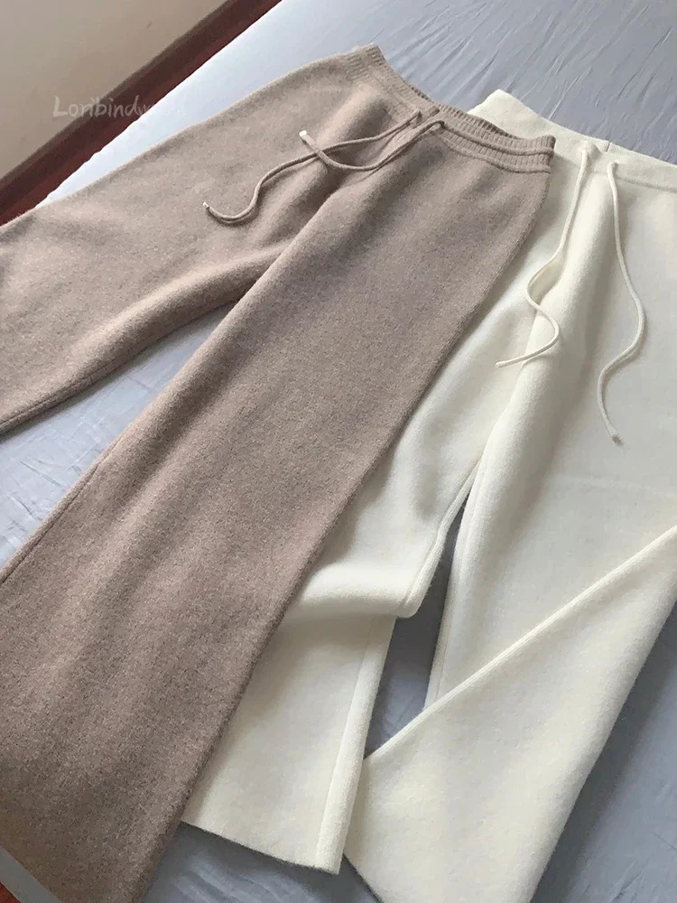 秋と冬の新しいハイウエストルーズウールニットワイドレッグパンツ女性がストレートレッグワイドレッグ原付ズボンを着用するための