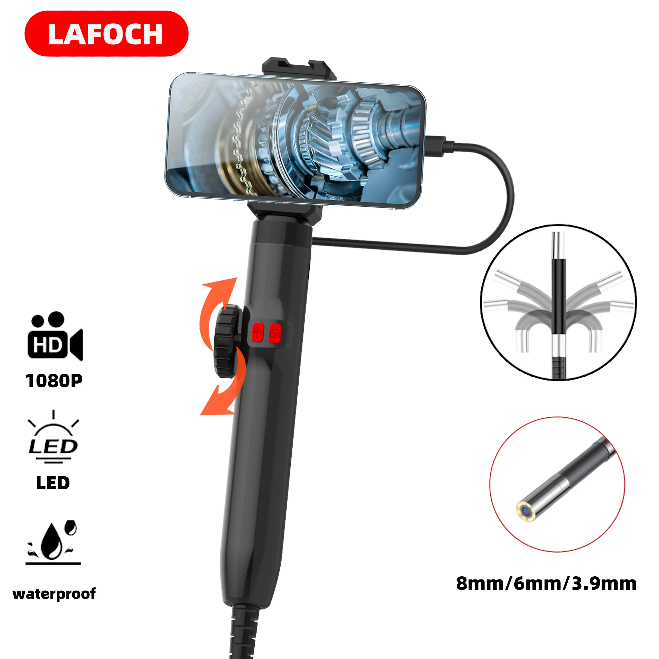 3,9 mm/6,2 mm/8,5 mm 360 °   Cámara endoscópica boroscopio articulada con luz, sonda impermeable, endoscopio con teléfono Android/iOS