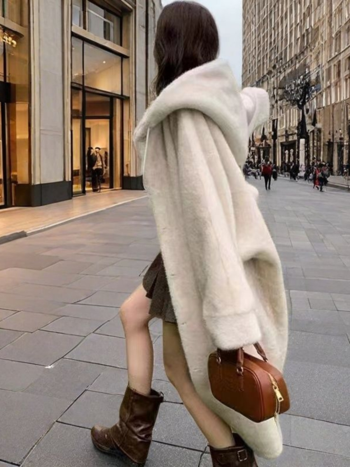 Eco-Friendly Faux Leather Long Thickened Hooded Witch Sle Women's Coat Integrated Fur Jacket Street Sle Mid-Length