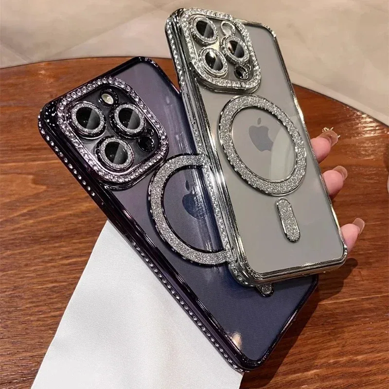 2024 nueva moda Glitter Diamond funda transparente para iPhone 16 15 14 Plus 13 12 11 Pro Max cubierta trasera de carga inalámbrica magnética