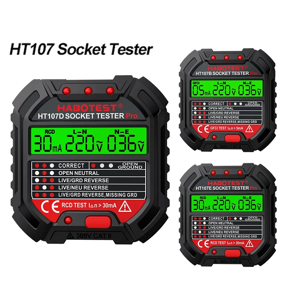 HT106/HT107 Digital Outlet SOCKET Detector ซ็อกเก็ตทดสอบแรงดันไฟฟ้าเครื่องทดสอบ US/UK/EU Plug GROUND ZERO Line Phase Check RCD NCV เครื่องทดสอบ