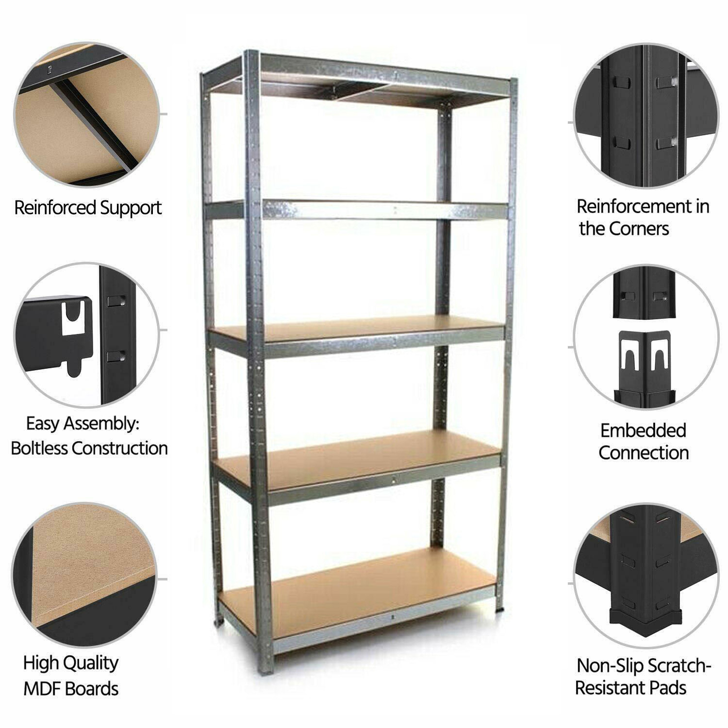 5 Tier Metel Garage Shelf Unit 150x70x30cm, Heavy Duty, Boltless Design, for Warehouse Workshop Office, 875kg Total Capacity