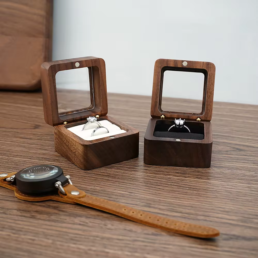 Boîte à bagues solide en noyer noir, boîte à bagues simple et Double, boîte à boucles d'oreilles, boutons de manchette, boîte à bagues en bois Vintage, boîte cadeau exquise