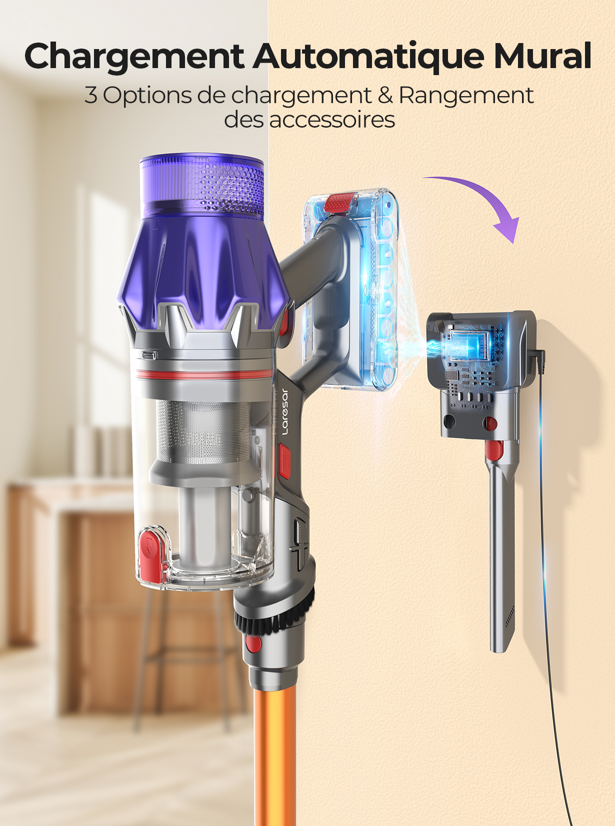 Aspirateur sans fil Laresar V7, puissance d'aspiration 500W, 50000Pa, sans fil, appareil ménager intelligent, tasse à poussière, autonomie de 60 minutes