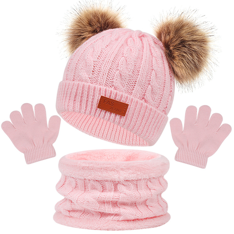 Winter Children's Scarf Hat Three-Piece Set with Pom-Pom Baby Infant Knitted Hat Warm Wool Thickened