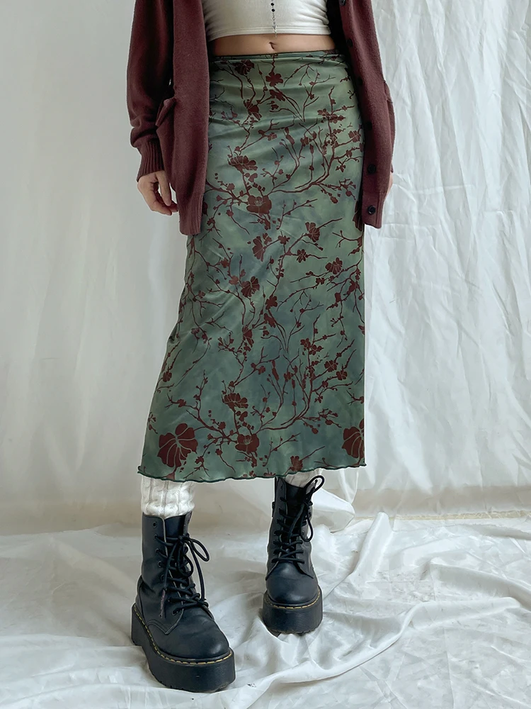 SUCHCUTE y2k Vintage Stampa Floreale Midi Gonne Donna Harajuku Fairycore Verde Dritto Maxi Gonna Estetica Dolce Vestiti Della Ragazza