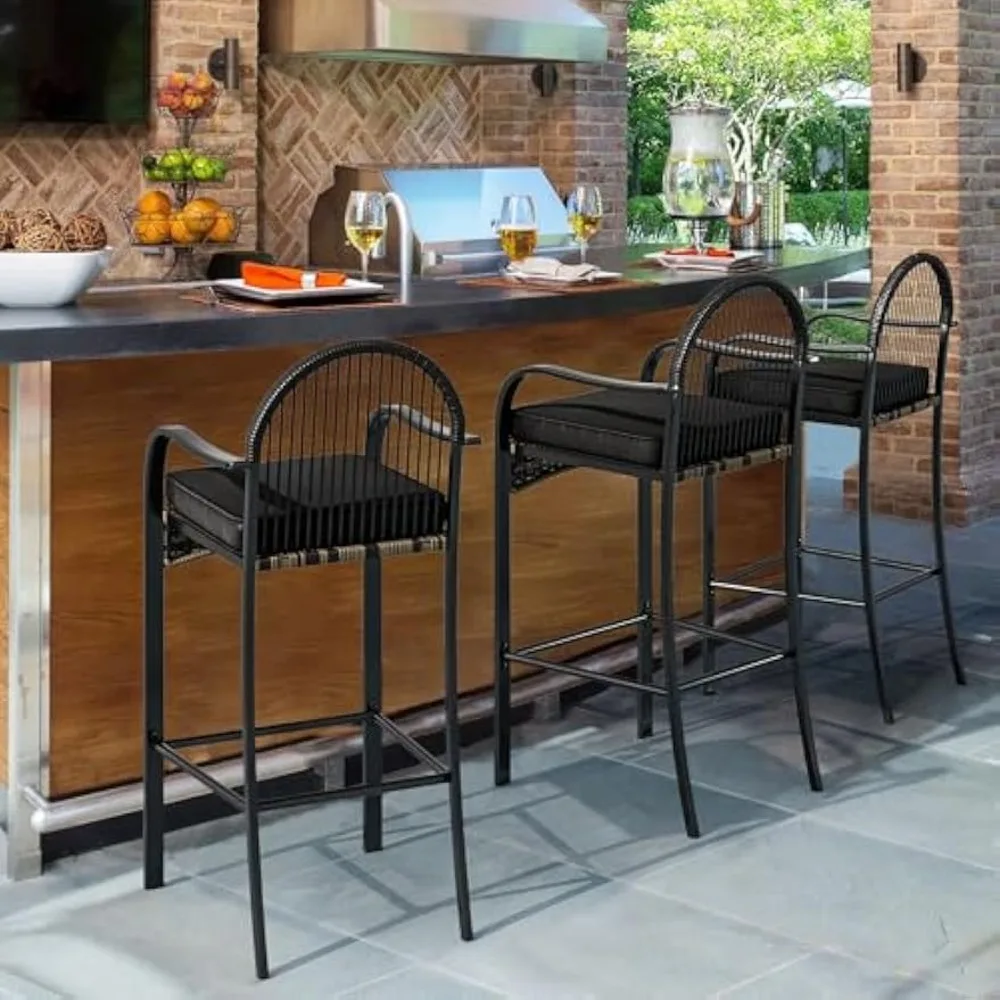 3-Piece Outdoor Wicker Bar Height Set with Cushioned Barstools, Patio Bistro Furniture for Balcony and Poolside, Black